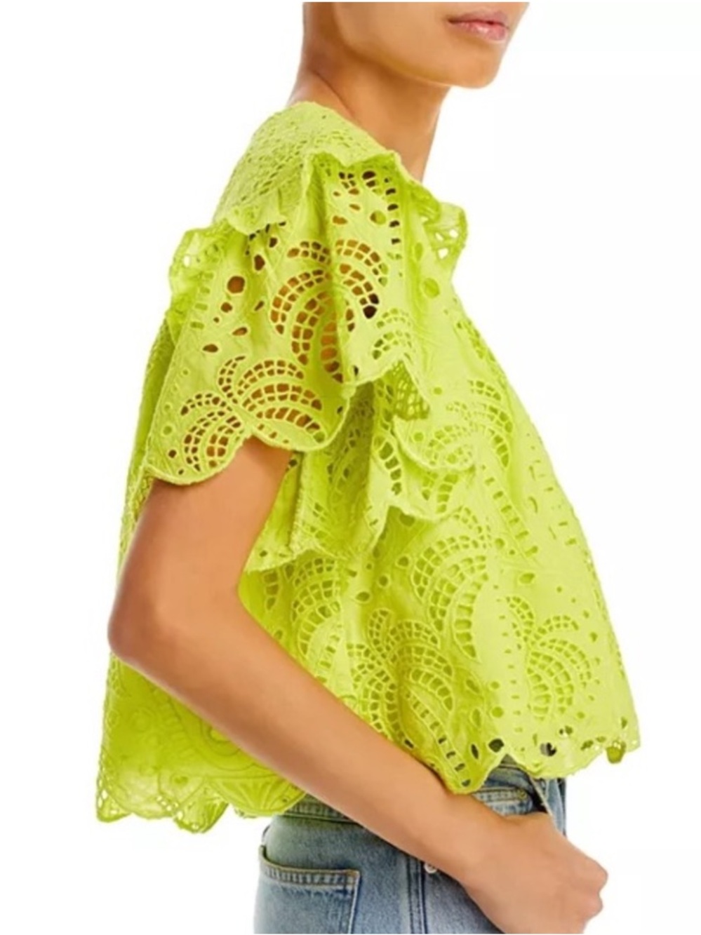 FARM Rio Palm Tree Richelieu Eyelet Ruffle Blouse Lime XS - Picture 2 of 12